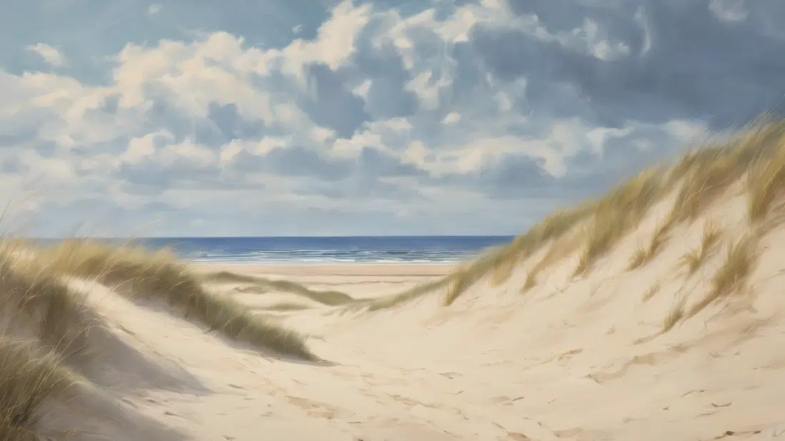 Sandige Dünen mit hohem Gras führen zu einem ruhigen Strand und blauem Meer unter einem bewölkten Himmel.