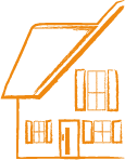 Einfache orangefarbene Strichzeichnung eines Hauses mit einem großen Dach und mehreren Fenstern.