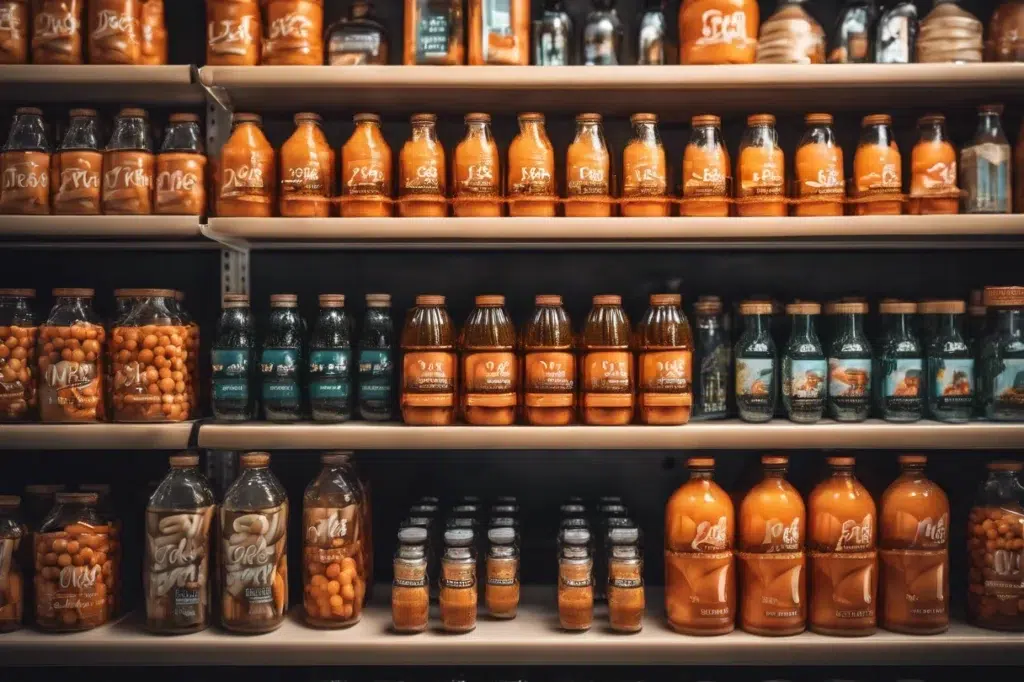 Die Regale in den Lebensmittelgeschäften sind voll mit Gläsern und Flaschen mit konservierten Lebensmitteln und Säften.